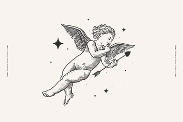 Cute Cupid with love arrow and stars. Beautiful Amur in engraving style. God of love and romance. Mythological antique character on a light background. - 709253617