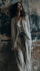 Beautiful woman against grunge wall, edgy fashion shoot, contrast between the elegant clothing and the rough wall, urban and stylish setting
