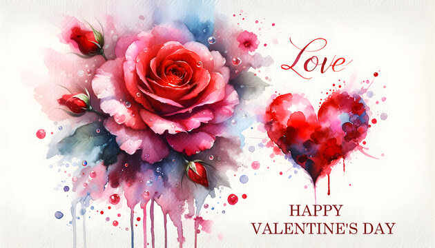 A watercolor painting of a red rose, a love icon resembling a heart, and the words 'Happy Valentine's Day' in a harmonious watercolor font.
