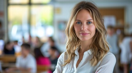 Obraz premium a photo portrait of a beautiful young female american school teacher standing in the classroom, students sitting and walking in the break, blurry background behind, Generative AI.