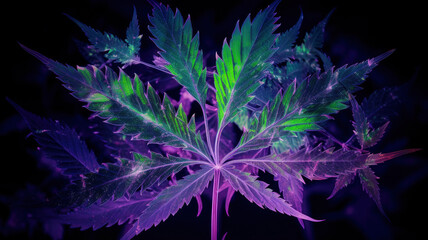 Colored neon large marijuana leaves and hemp buds leaves of flowering cannabis bushes against a bright hallucinogenic psychedelic background