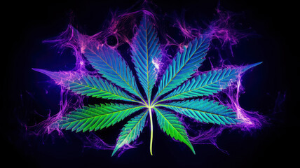 Obraz na płótnie Canvas Colored neon large marijuana leaves and hemp buds leaves of flowering cannabis bushes against a bright hallucinogenic psychedelic background