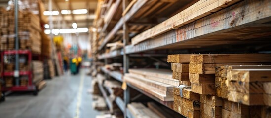 Stacked wooden bars on shelves in large American hardware store. Fresh wood timber on cart in warehouse. Customer shopping.