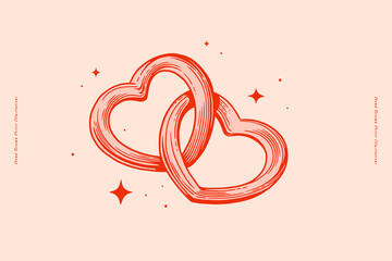 Heart shaped rings. Two intertwined red hearts sparkle. Romantic symbol of strong love. Valentine's Day. Vector isolated illustration on a light background. - 709254801