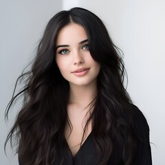 Naklejka premium young happy long black haired woman posing and looking in camera,white background
