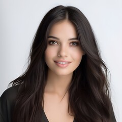 Fototapeta premium young happy long black haired woman posing and looking in camera,white background