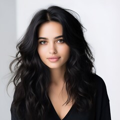 Naklejka premium young happy long black haired woman posing and looking in camera,white background