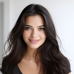 Naklejka premium young happy long black haired woman posing and looking in camera,white background