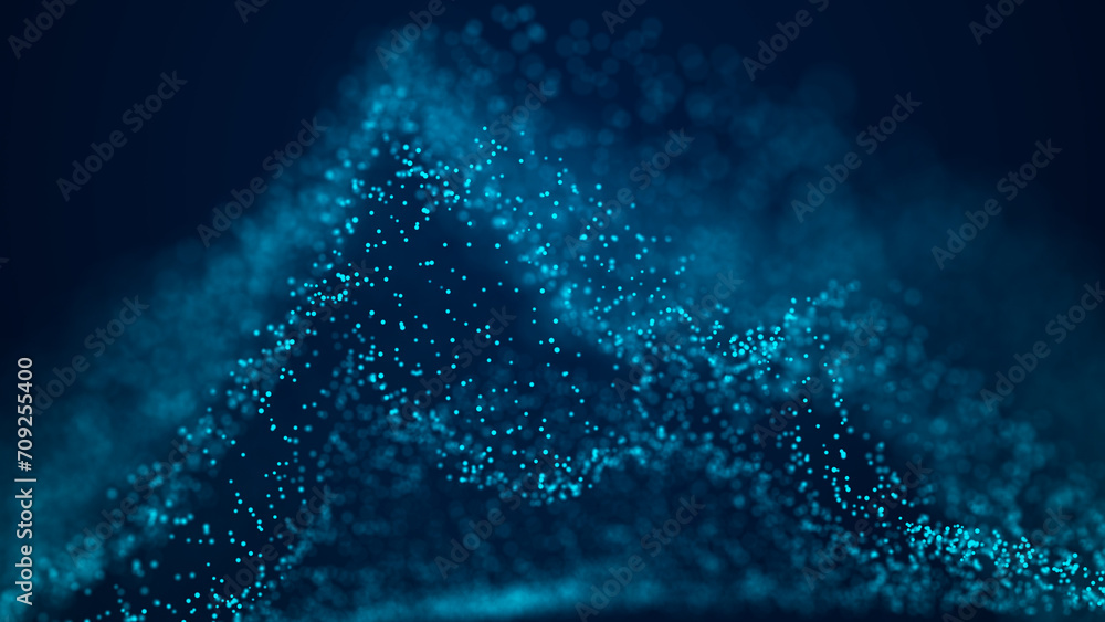Poster abstract blue background with moving glowing particles. big data. 3d rendering.