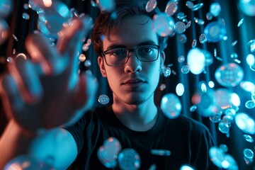 A nerd man happy and hand hanging a Bitcoin.