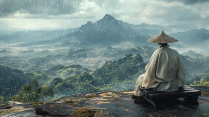 An old chinese man wearing an ancient straw hat, wearing a white Taoist robe and holds a goose feather fan while sitting on top of a mountain and looks into the horizon. heavy raining, landscape shot - obrazy, fototapety, plakaty