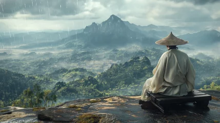 Fotobehang An old chinese man wearing an ancient straw hat, wearing a white Taoist robe and holds a goose feather fan while sitting on top of a mountain and looks into the horizon. heavy raining, landscape shot © ME_Photography