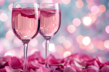 Two glasses of vine with pink rose petals on bokeh background. Generative AI