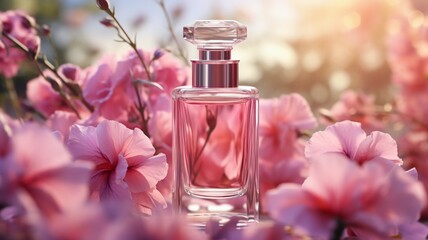 Obraz na płótnie Canvas Exquisite Fragrance Ensemble: A Petite Bottle of Perfume Adorned with Enchanting Blooms - AI Generative