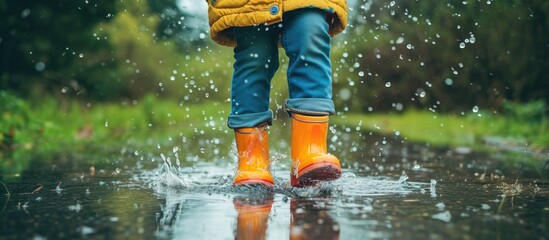 Child wearing rain boots leaps in a puddle. - obrazy, fototapety, plakaty