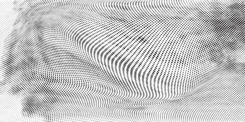 Abstract white particle background. Flow wave with dot landscape. Digital data structure. Future mesh or sound grid. Pattern point visualization. - obrazy, fototapety, plakaty