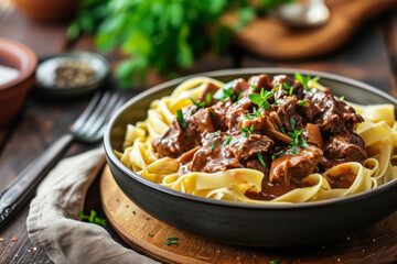 Creamy beef stroganoff with fresh greenery. Generative AI