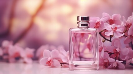 Obraz na płótnie Canvas Exquisite Fragrance Ensemble: A Petite Bottle of Perfume Adorned with Enchanting Blooms - AI Generative