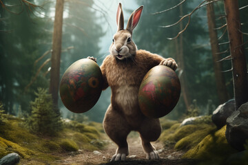 Easter bunny rabbit bodybuilder with big hard Easter eggs in the forest, nature background - obrazy, fototapety, plakaty