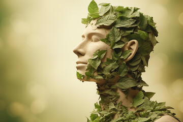 A man from green leaves on light background. Caring for the environment. The ecology concept of saving the world and love nature by human - obrazy, fototapety, plakaty