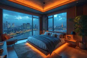 Obraz premium penthouse bedroom at night, dark gloomy, A room with a view of the city from the bed