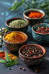 Different spices in a small bowls on stone background.