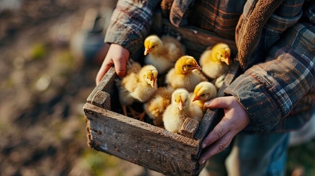 A farmer holds in his hands a wooden box full of newborn chicks. Close view. Copy space.