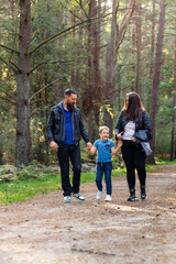 Fototapeta premium Family walking in beautiful summer pine forest in evening
