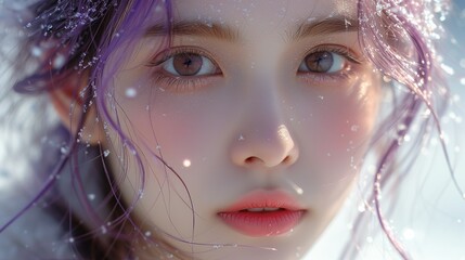 Asian woman, delicate makeup, innocent and cute girl, advanced light and shadow, fair skin, professional photo, white dress, purple hair, bangs, snow environment - obrazy, fototapety, plakaty