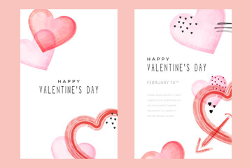 Set of two postcards for Valentine's Day. Background of watercolor hearts. Flat style. Vector illustration.