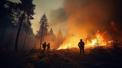 Firefighters extinguish a forest fire. Photo with space for text.