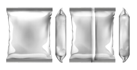Blank plastic foil bag isolated on white background. White rectangular plastic food packaging. Glitter snack pad. Mockup template, bag for chips, spices, coffee, noodles.