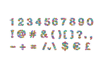 Top view of the numbers and symbols alphabet made of colorful retro audio cassettes scattered on a white background. The concept of music theme gift cards or disc covers, designers resource