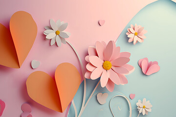 Paper Art of Hearts and Flowers in Pastel Tones. Horizontal art paper illustration with pink flowers and orange hearts on a two-tone pink and blue background. Ideal for a greeting card.