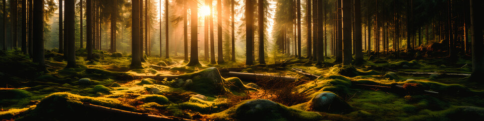 Paysage de forêt au coucher du soleil, panorama - obrazy, fototapety, plakaty