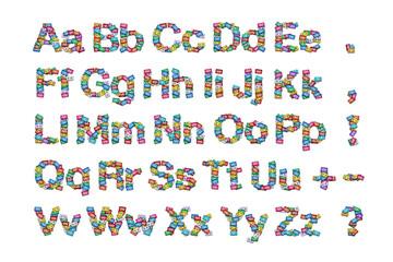 Top view of the English alphabet made of colorful audio cassettes with the English alphabet...