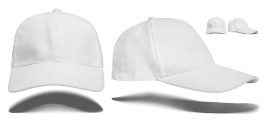 The front view white cap. The side of the white hat is isolated on a white background. Shadow separate from headdress. Realistic photo cap.