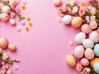 Fototapeta na wymiar Flowers and easter eggs on a colored background closeup easter background ai image 
