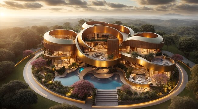 a modern villa designed in the shape of a gold bracelet