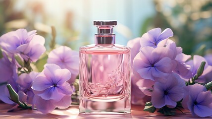 Obraz na płótnie Canvas Exquisite Fragrance Emanating from a Petite Bottle Adorned with Petunias - AI Generative