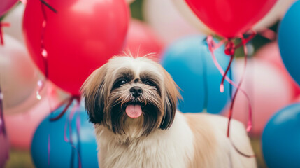 Smiling long hair shih tzu dog holiday with red, blue, white and pink balloons. AI Generative