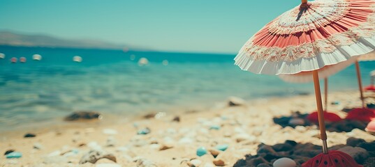 Colorful beach boardwalk with huts, flowers, and umbrellas for summer apparel promotion