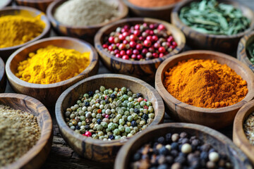 Fototapeta premium Different spices in a small wooden bowls.