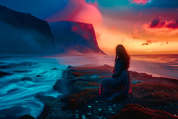 Femme assise sur un rocher sur le rivage au crépuscule - obrazy, fototapety, plakaty