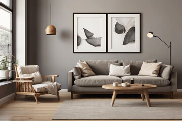 Modern Living Room: Beige Loveseat and Grey Armchair in Japandi Home Interior Design with White Wall and Poster Frames