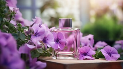 Obraz na płótnie Canvas Exquisite Fragrance Emanating from a Petite Bottle Adorned with Petunias - AI Generative