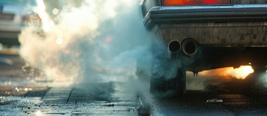 The car's exhaust emits harmful smoke due to increased oil consumption. - obrazy, fototapety, plakaty