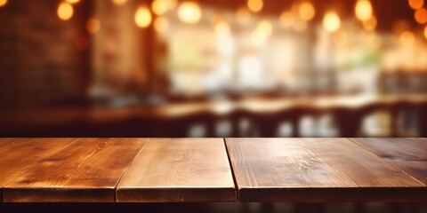 Wooden desk in empty cafe with blurred background