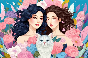 Fotobehang Asian beauties. Beautiful brunette fantasy asian woman with her cat at spring forest. 8 March, Happy Women's day with peony flowers pastel pink blue color. Mom cat. © masherdraws