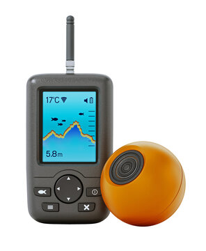 Digital fish finder and orange underwater probe isolated on transparent background. 3D illustration